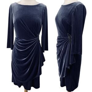 Oleg Cassini Velvet Draped Cocktail Mini Dress Sheath Long Sleeve Gathered 8